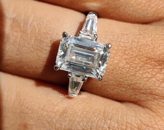 3.03CT Emerald Cut Moissanite Three Stone Engagement Ring Side Tapered Baguette Cut Proposal Anniversary Ring 14K White Gold Bridesmaid Gift