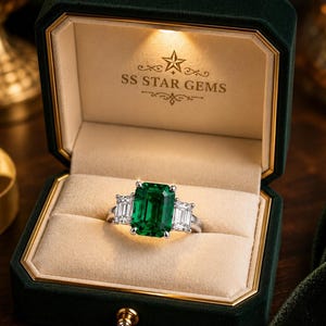 May include: A three-stone ring featuring a large emerald-cut green centre gemstone flanked by two smaller emerald-cut clear stones on a silver band, presented inside a dark green velvet box with the text SS STAR GEMS printed in gold.