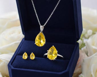 Collana e orecchini con zaffiro giallo, anello con zaffiro, set di gioielli con pietre preziose per la nascita di settembre, set di gioielli per San Valentino
