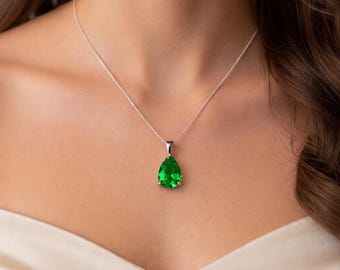Pear Colombian Emerald Pendant, Green Gemstone Necklace May Birthstone Valentine Gift