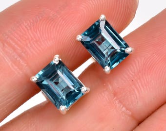 Genuine Teal Sapphire Stud Earrings, Radiant Gemstone Earring Silver Jewelry Christmas Gifts