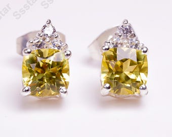 Ceylon Yellow Sapphire Stud Earrings,  Sapphire Cushion Gemstone Jewelry September Birthstone Christmas Gift