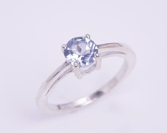 Aquamarine Ring, Round Blue Gemstone, Silver Band