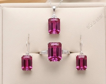 Pink Sapphire Jewelry Set, Sapphire Necklace Gemstone Ring And Earrings Valentine Jewellery Gifts