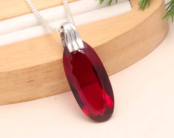 Ruby Silver Pendant, Fancy Oval Red Gemstone Necklace, July Birthstone Starling Silver  Christmas Gifts