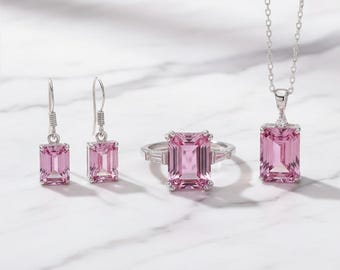 Flawless Morganite Jewelry Set, Morganite Necklace Gemstone Ring And Earrings Valentine Jewellery Gifts