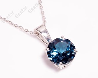 Teal Sapphire Silver Pendant Necklace, Round September Birthstone