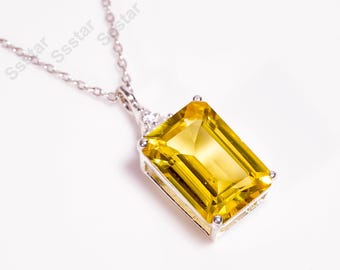 Ceylon Yellow Sapphire Pendant Genuine Sapphire Necklace, Radiant Cut Gemstone Jewelry Christmas Gifts