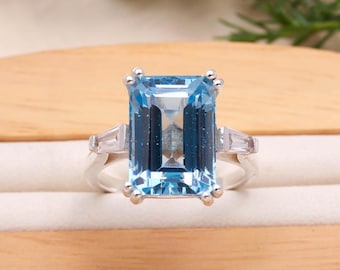 Brazilian Aquamarine Ring, Radiant Gemstone Ring, March Birthstone Jewelry Christmas Gifts