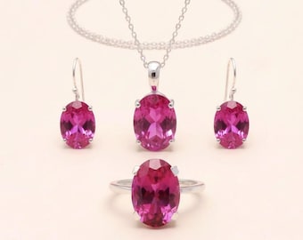 Pink Sapphire Jewelry Set, Natural Sapphire Necklace Oval Gemstone Ring And Earrings Valentine Jewellery Gifts
