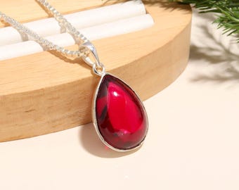 Mozambique Ruby Cabochon Pendant, Sterling Silver Red Gemstone Necklace July Birthstone Christmas Gifts