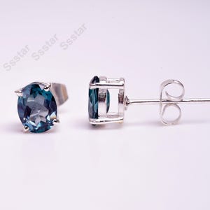 Teal Sapphire Stud Earrings: Oval Sterling Silver September Birthstone