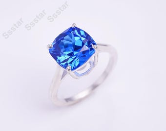 Cornflower Sapphire Ring: 5 Carat Cushion Silver Wedding Ring