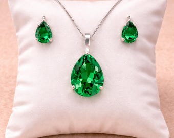 Genuine Emerald Pendant and Pear Cut Stud Earrings, May Birthstone Jewelry, Emerald Necklace Silver