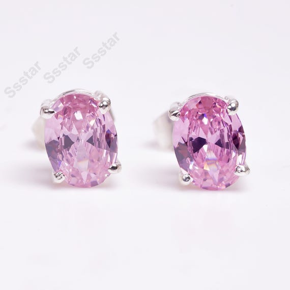 Oval Pink Sapphire Stud Earrings Sterling Silver Stud, September Birthstone