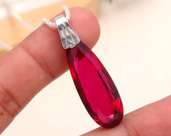 Pear Ruby Silver Pendant, Mozambique Gemstone, July Birthstone Christmas Gifts