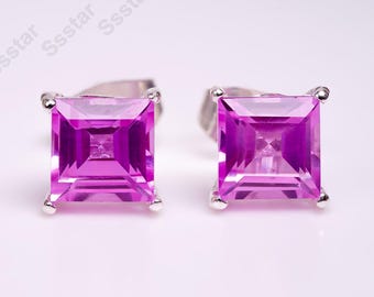 Pendientes de zafiro rosa, talla princesa, piedra natal de septiembre