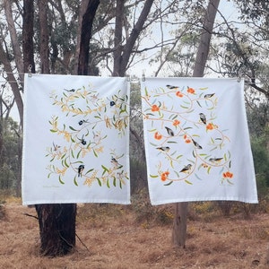 Native Bird tea towel pair - two cheerful, cute bird art teatowels. pretty native flowers Australian Designed + Printed. Wattles, Gum, wrens