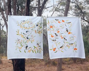 Native Bird tea towel pair - two cheerful, cute bird art teatowels. pretty native flowers Australian Designed + Printed. Wattles, Gum, wrens