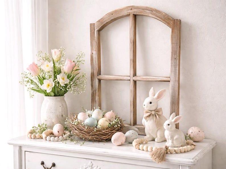 May include: A white dresser is decorated with Easter-themed decor. A bouquet of pink tulips and white daffodils sits in a textured vase. A nest of pastel eggs, two white bunny figurines, and decorative beads complete the display.