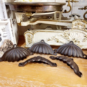 Könnte beinhalten: Fünf antike, gusseiserne Schubladenknöpfe in Muschelform. Die Knöpfe sind dunkelbraun und haben eine patinierte Oberfläche.