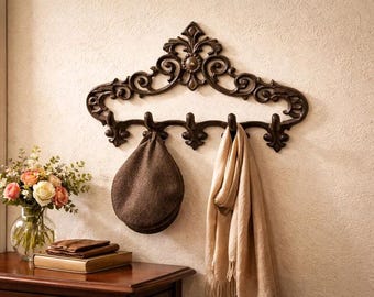 Nostalgic coat rack, 5 wall hooks "Fleur de lis", 32 cm wide, cast iron, vintage hook rail, key rack