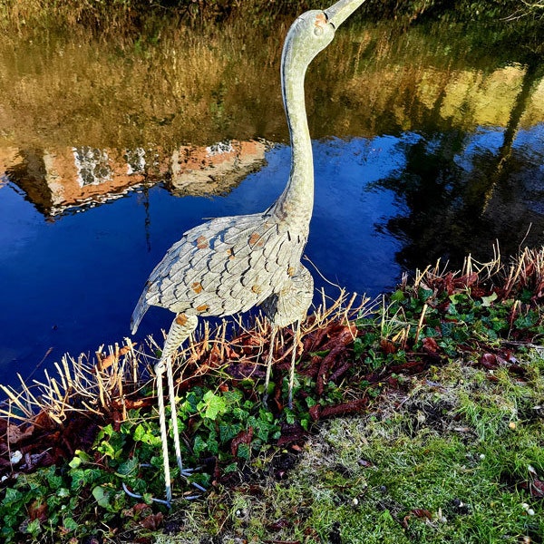 Große Gartenfigur "Reiher" 111cm hoch Aluguss Graureiher Teichdeko Fischreiher