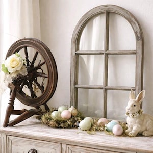 Janela decorativa de madeira 42 x 70 cm "Cinza Antigo" estilo campestre com travessas, decoração de parede vintage como uma janela antiga, decoração nostálgica de Páscoa