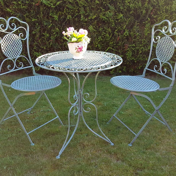 Garden bistro table group set of 3 antique green metal 2 chairs + 1 table balcony furniture