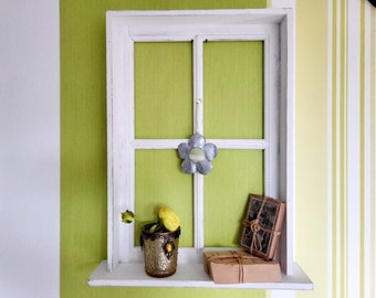 Ventana de madera blanca con cenefa 49 x 63 cm Marco de ventana blanco "Shabby Chic" con estante
