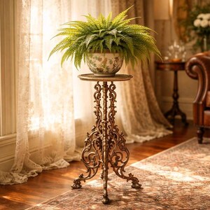 May include: A decorative plant stand with a fern in a floral patterned pot. The stand is made of ornate, bronze-colored metal and has a round top. The fern has long, green fronds. The stand is 30 inches tall.
