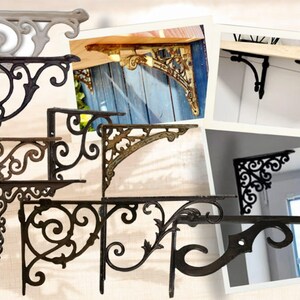 May include: A collection of decorative metal shelf brackets featuring intricate scrollwork and filigree patterns. The brackets are shown in various finishes including black, bronze, and light grey, with some images displaying them installed under shelves.