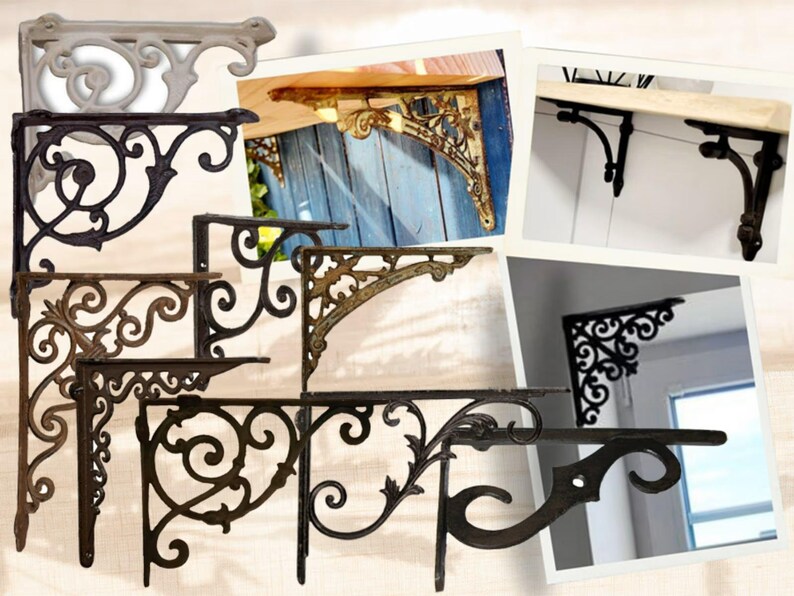 May include: A collection of decorative metal shelf brackets featuring intricate scrollwork and filigree patterns. The brackets are shown in various finishes including black, bronze, and light grey, with some images displaying them installed under shelves.