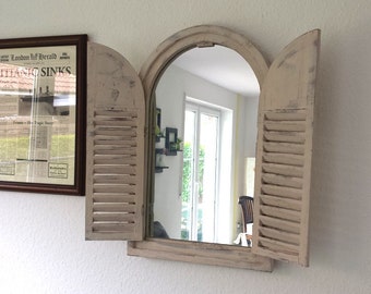Witte wandspiegel "Venster met deuren" Shabby chic spiegel met ronde boog 38 x 59 cm Vintage badkamerspiegel