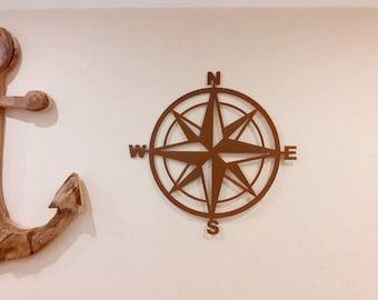 Grote windroos patina wandafbeelding "Compass" nautische ster kompasroos roestige wanddecoratie