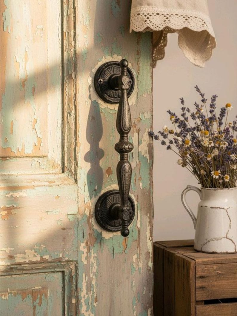May include: Ornate black metal door handle with a decorative design, mounted on a weathered, peeling paint door. The door's paint is a mix of blue, green, and beige. A white pitcher with flowers sits on a wooden crate.