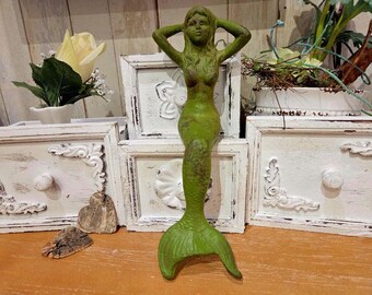 Large cast iron figure "Mermaid" edge stool green pond decoration 1.2 kg heavy cast iron maritime garden decoration window sill decoration