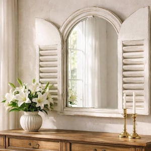 Puede incluir: Un espejo de pared arqueado con un acabado blanco desgastado y dos contraventanas de lamas adjuntas a cada lado. El marco del espejo tiene una parte superior redondeada y una base rectangular, diseñado para imitar la apariencia de una ventana con contraventanas abiertas.