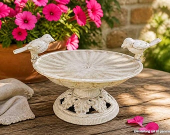 Heavy shabby chic birdbath "2 ornamental birds" made of 2.2kg cast iron, nostalgic water bowl/bird bath