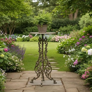 10 kg tungt, nostalgiskt blomsterbord i gjutjärn, sidobord, antikt växtbord i gjutjärn, 70 cm högt vintage trädgårdsbord