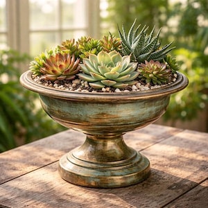 Antik kruka, 16 cm diameter, gjuten aluminium, rostfri, amfora, blomkruka, vintagekopp för plantering, liten fransk urna, nostalgisk kruka