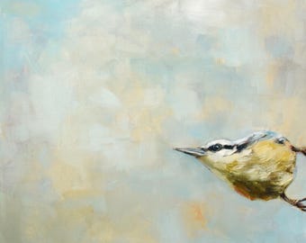 May include: A painting of a small bird with a white and gray head and a yellow body, perched on a branch against a light blue and yellow background.