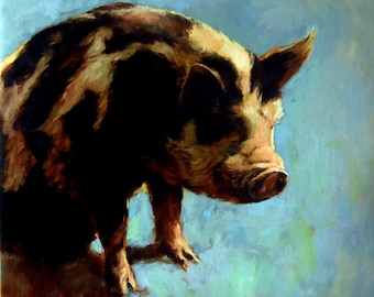 May include: An oil painting of a pig with a brown and black spotted coat. The pig is set against a light blue background. The artwork captures the pig's profile, highlighting its snout and ear.