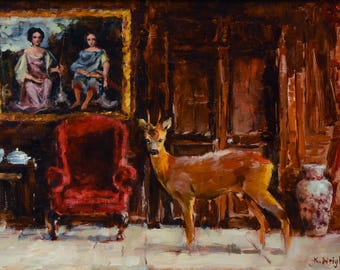 Deer in a Victorian Interior Original Framed Oil Painting by Kat Wright