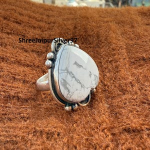 Howlite Heart Ring: Handmade 925 Sterling Silver Adjustable Statement Ring
