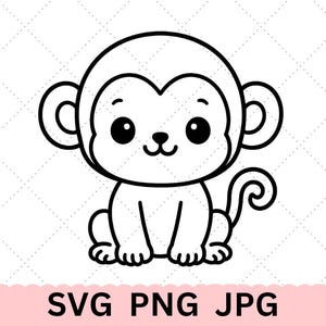 Könnte beinhalten: Eine schwarz-weiße Strichzeichnung eines sitzenden Affen mit großen runden Ohren, einer kleinen Nase und einem geringelten Schwanz. Unter dem Affen ist der Text SVG PNG JPG in einer fetten, schwarzen, serifenlosen Schrift auf rosa Grund.