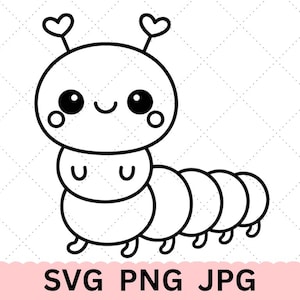 May include: A black and white cartoon caterpillar with a smiling face, large eyes, and heart-shaped antennae. The caterpillar has a segmented body and small feet. The text "SVG PNG JPG" is displayed at the bottom in black letters on a pink background.