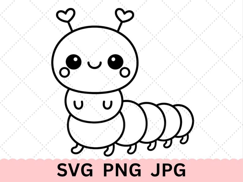 May include: A black and white cartoon caterpillar with a smiling face, large eyes, and heart-shaped antennae. The caterpillar has a segmented body and small feet. The text "SVG PNG JPG" is displayed at the bottom in black letters on a pink background.