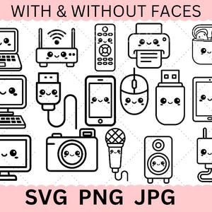 Tech SVG Bundle, niedliche Elektronik Clipart mit Gesichtern, Kawaii Tech, Laptop svg, USB svg, Drucker svg png jpg Digitaler Download