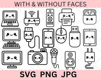テックSVGバンドル、顔付きのかわいい電子機器クリップアート、かわいいテック、ラップトップSVG、USB SVG、プリンターSVG png jpgデジタルダウンロード